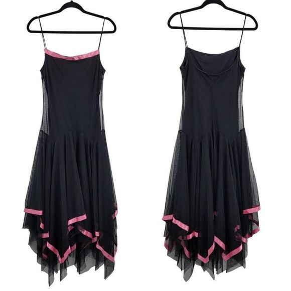 B. Darling Dresses & Skirts - Vintage‎ 90s Midi Dress M Black Mesh Overlay Pink Ribbon Trim Scarf Hem Goth